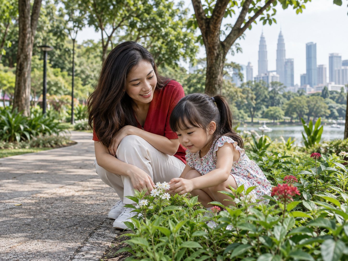 Illustrative scene of a mother and child enjoying an unhurried moment in a leafy park.