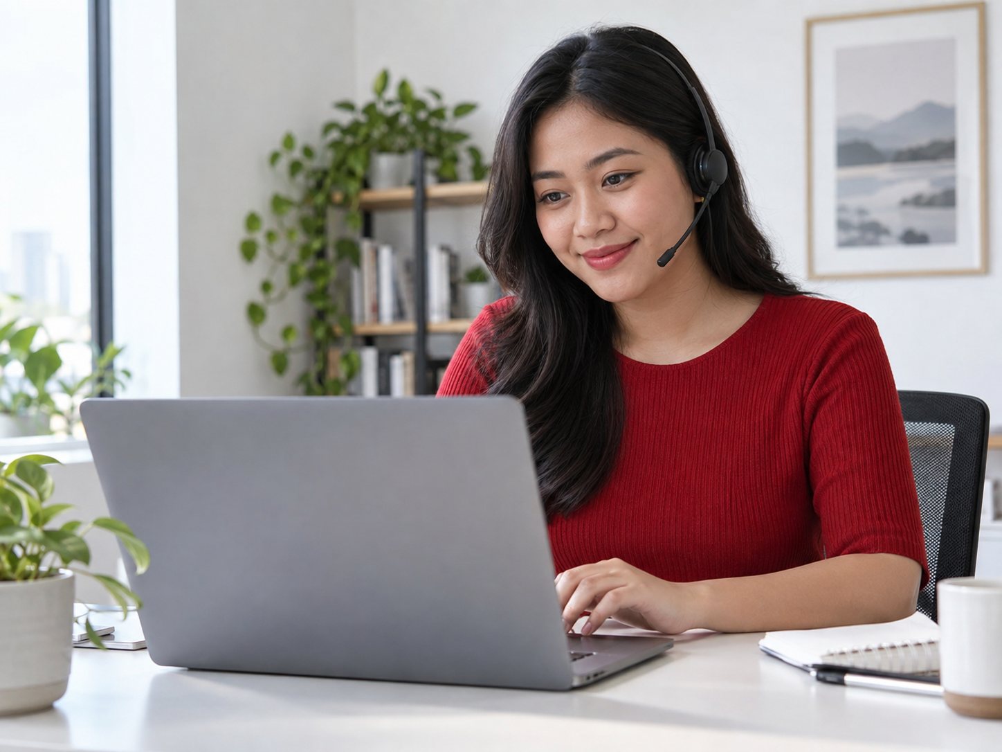 Illustrative scene of a support professional listening attentively at her workspace.